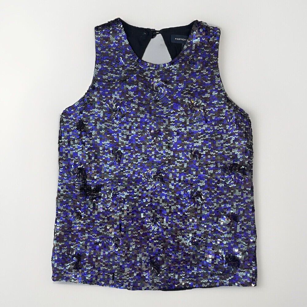 FRENCH CONNECTION Women 2 Holiday Top Sequin Flowerette Sleeveless Party Sparkle